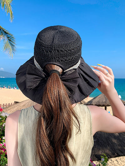 Women Summer Knitted Bowknot Spliced Sunproof Hat
