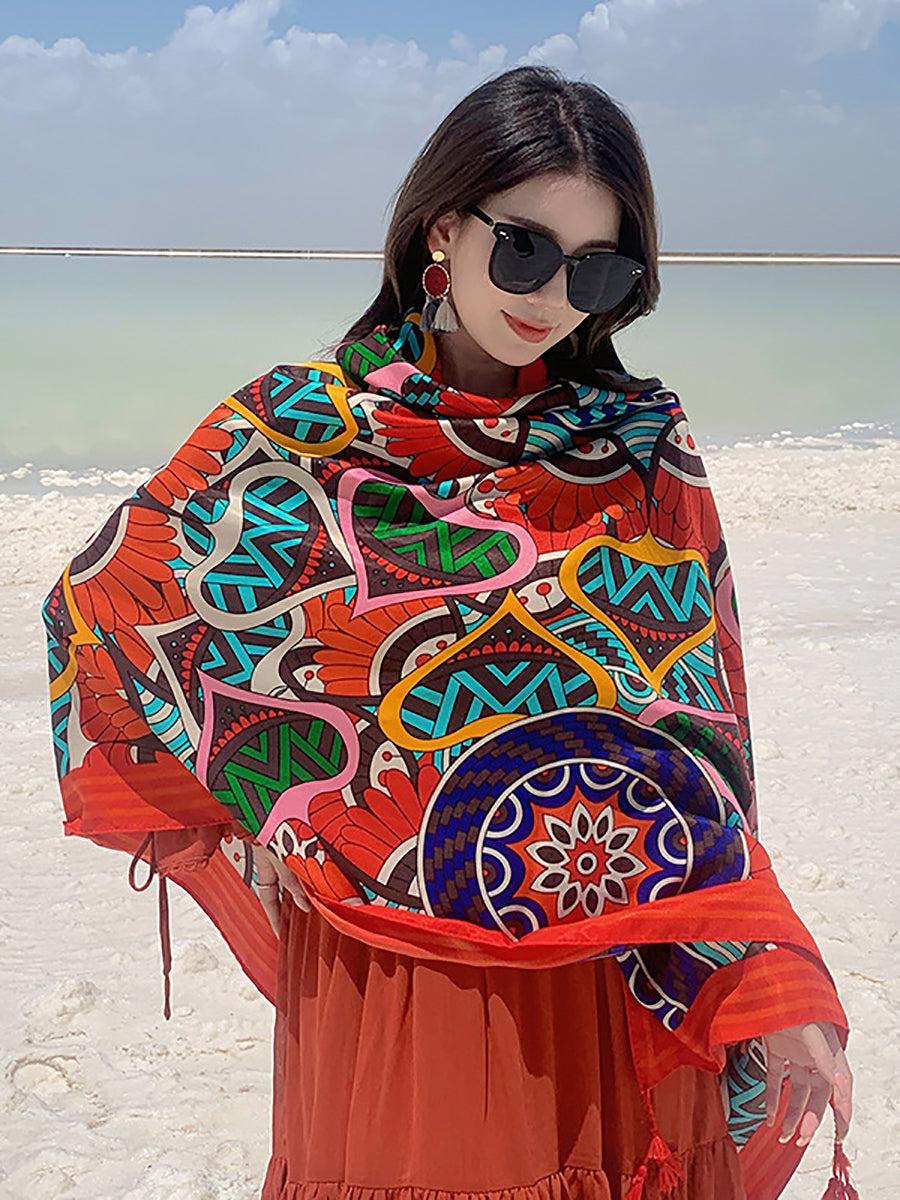 Women Ethnic Print Tassel Shawl Scarf