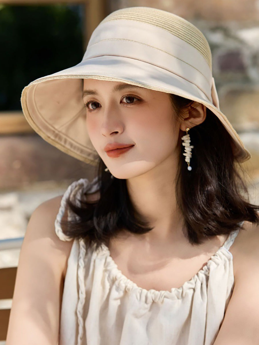 Women Casual Straw Spliced Bowknot Sunproof Hat