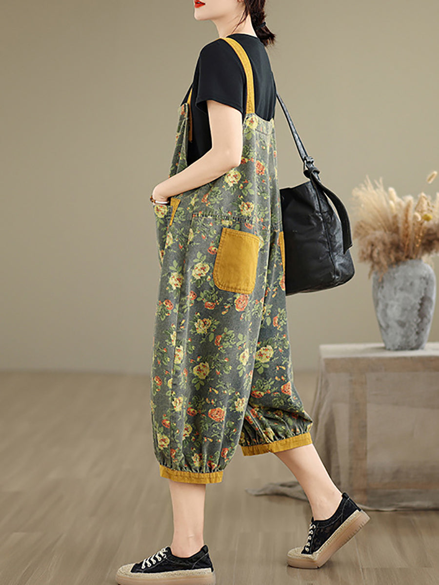 Women Summer Flower Denim Cropped Jumpsuits