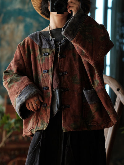 Women Ethnic Autumn Flower Patch O-Neck Cotton Coat