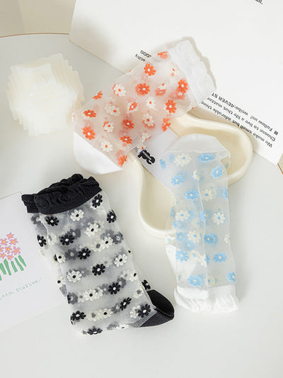 3 Pairs Women Artsy Summer Flower Thin Socks