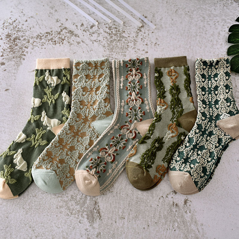 5 Pairs Women Spring Vintage Plant Jacquard Socks