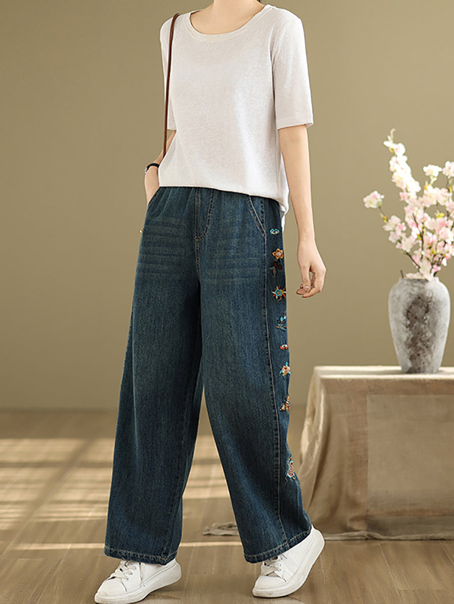 Women Retro Embroidery Denim Wide-leg Pants