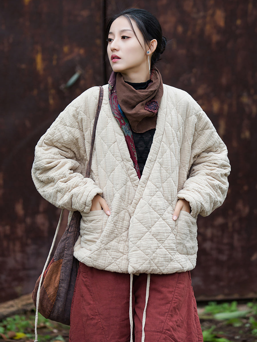 Women Winter Artsy Pure Color V-Neck Padded Coat