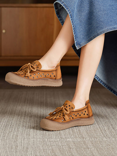 Women Summer Genuine Leather Hollow Out Flat Shoes