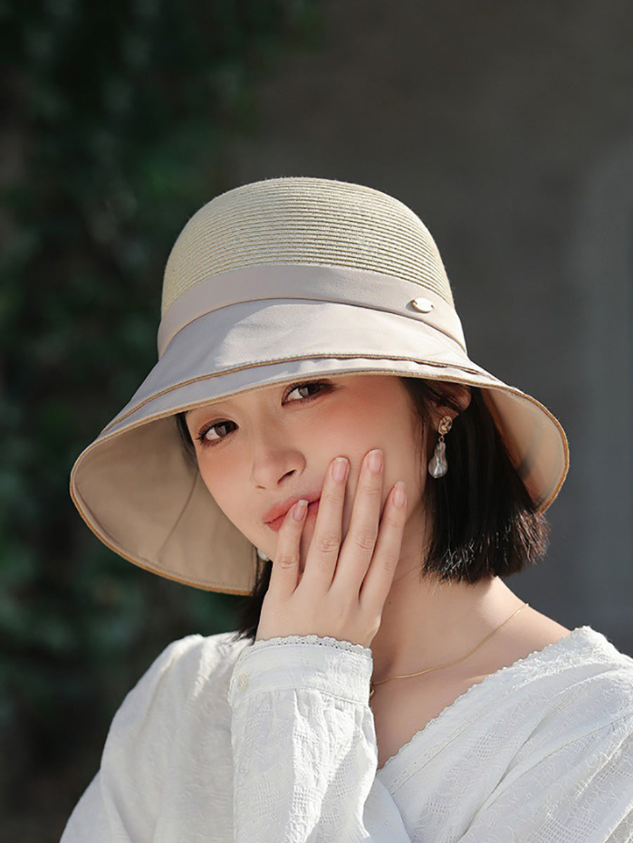 Women Casual Summer Straw Spliced Sunproof Hat
