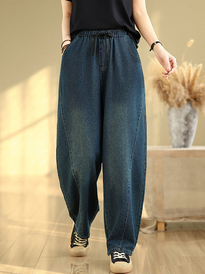 Women Casual Pure Color Denim Spliced Straight Pants