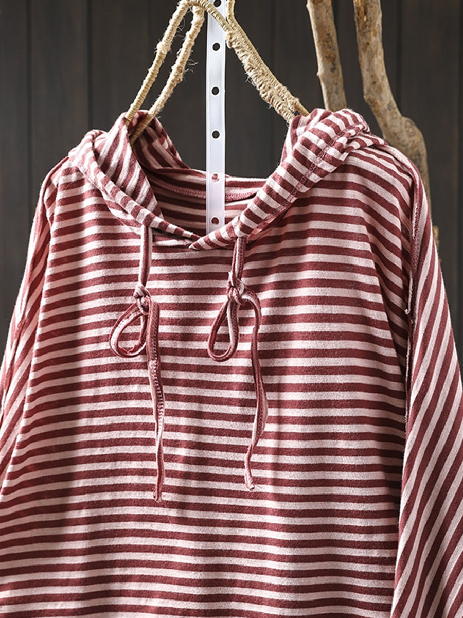 Plus Size Women Autumn Artsy Stripe Cotton Hooded Shirt