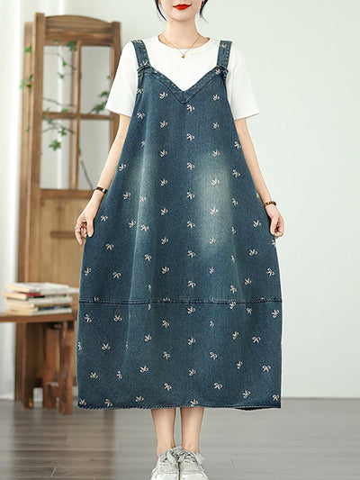 Women Summer Bowknot Embroidery Denim Overall Dress