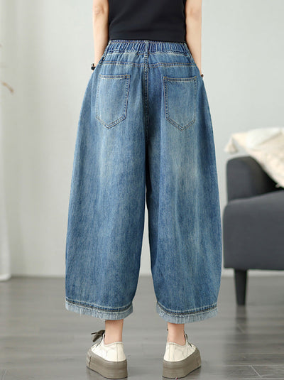 Women Casual Summer Pure Color Denim Wide-leg Pants