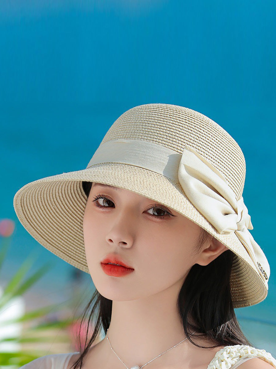 Women Elegant Bowknot Straw Sunproof Hat