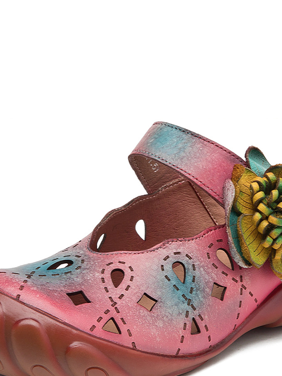 Women Artsy Colorblock Leather Flower Flat Sandals