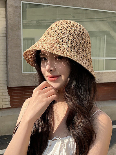 Women Summer Weave Hollow Out Bucket Hat