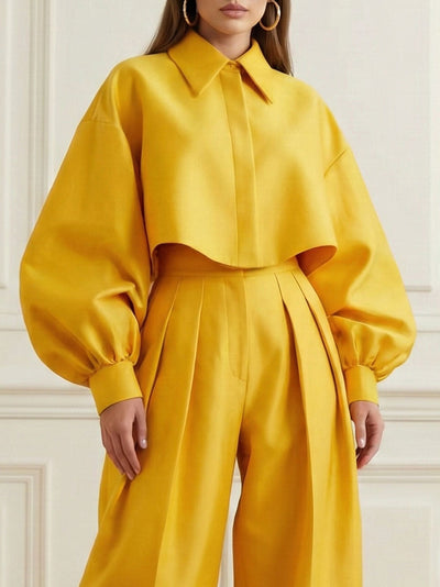 Long Sleeves Loose Buttoned Pleated Solid Color Lapel Blouses&Shirts Tops
