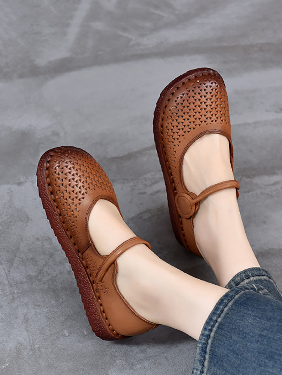 Women Ethnic Genuine Leather Hollow Out Low Heel Shoes
