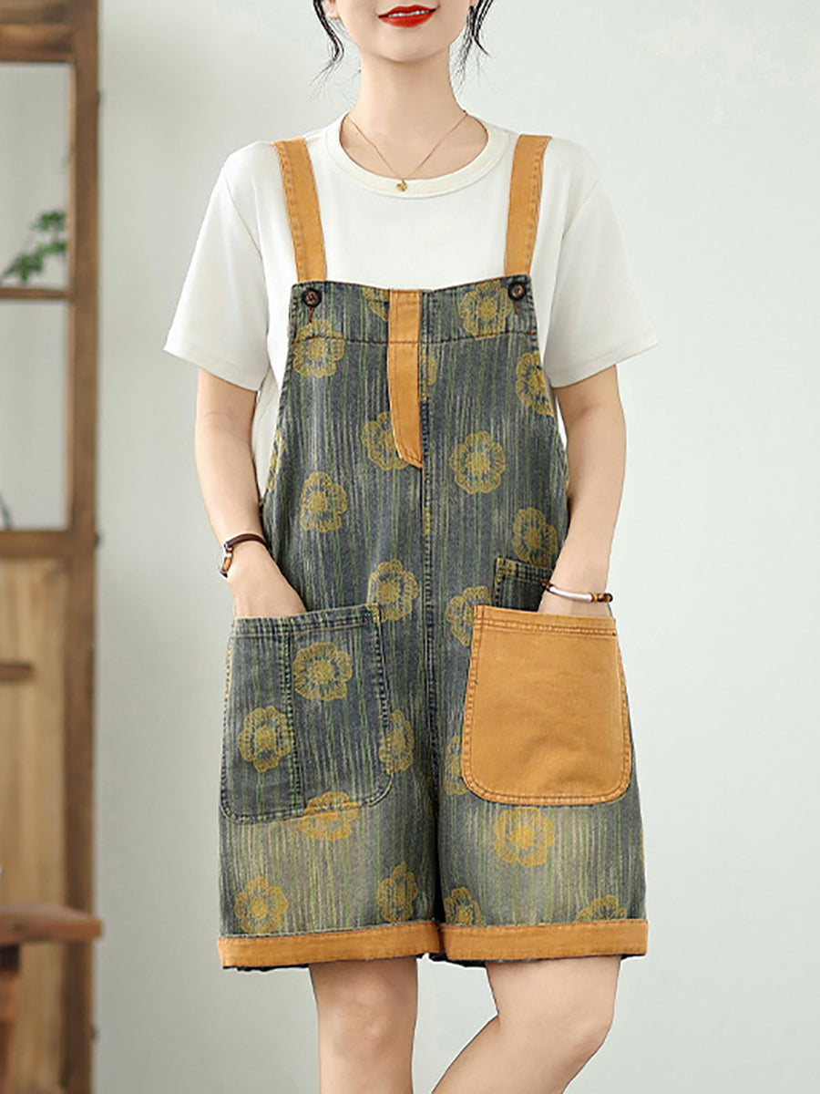 Women Summer Flower Colorblock Denim Short Jumpsuits