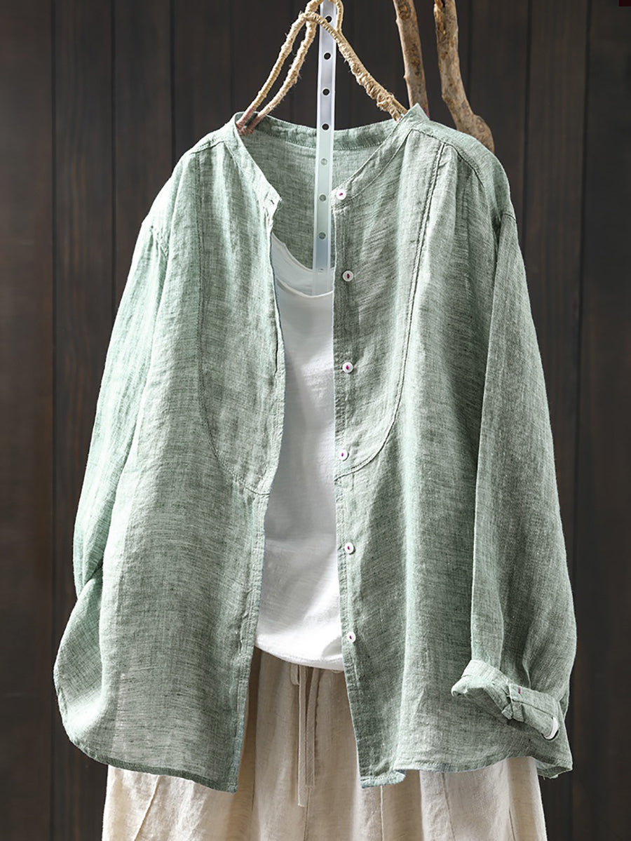 Plus Size Women Spring Pure Color Stand Collar 100%Linen Shirt