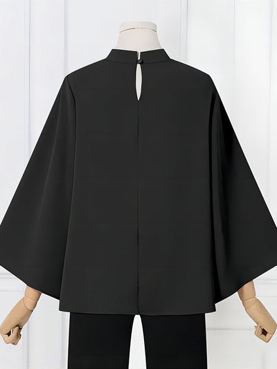 Flared Sleeves Loose Pleated Solid Color Split-Joint Stand Collar Blouses&Shirts Tops