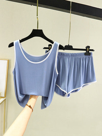 Home Wear Loose Sleeveless Contrast Color Round-Neck Vest&Shorts Pajamas Set