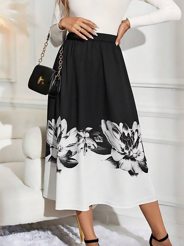 A-Line Loose Elasticity Flower Print Skirts Bottoms