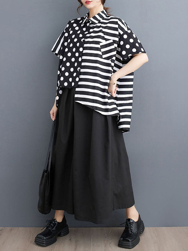 Loose Short Sleeves Buttoned Contrast Color Pockets Polka-Dot Split-Back Split-Joint Striped Lapel Blouses&Shirts Tops
