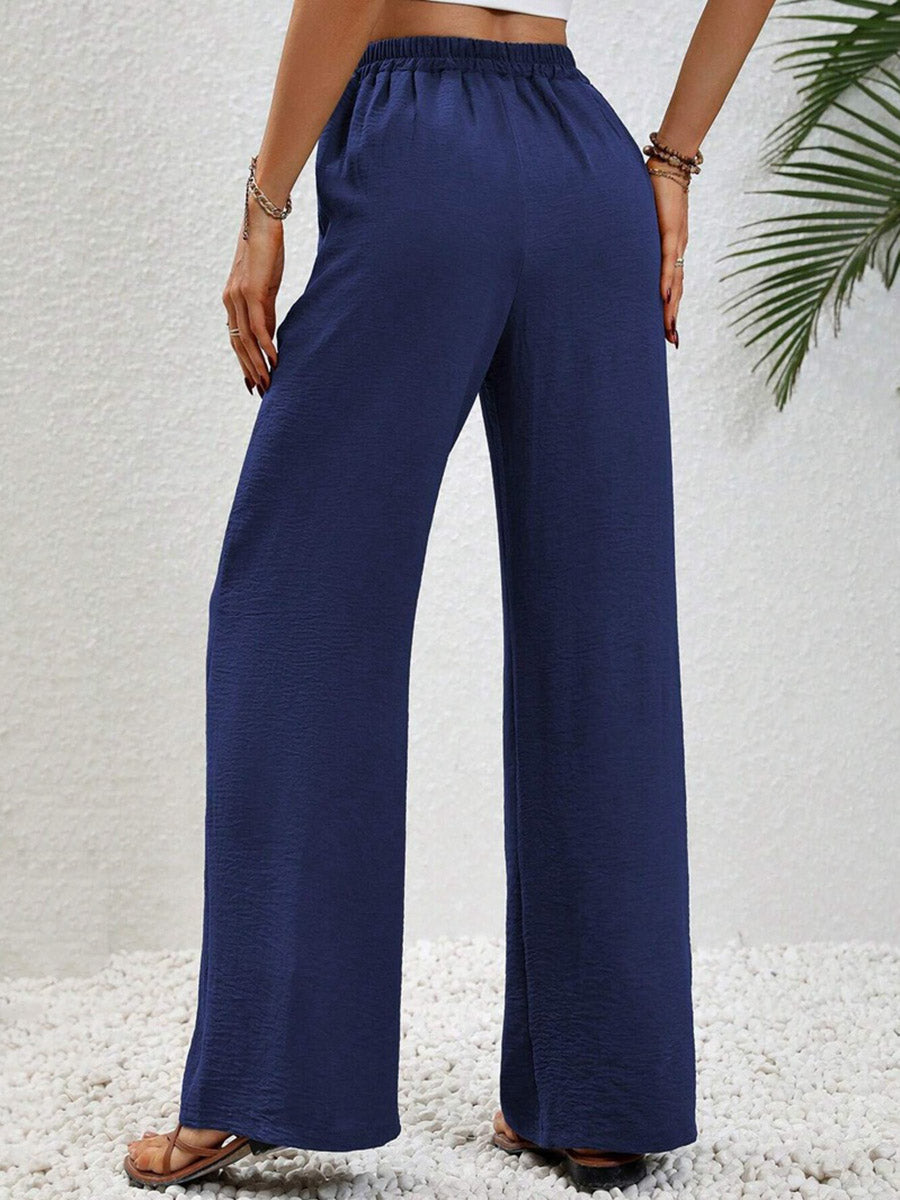 High Waisted Loose Elasticity Pleated Solid Color Tied Waist Pants Trousers