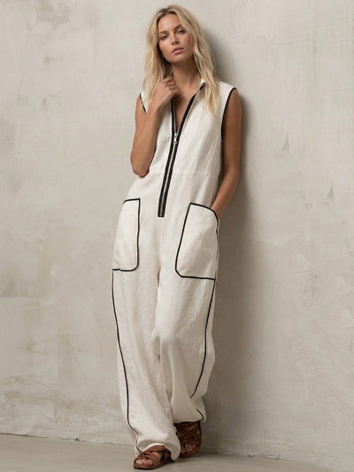 Loose Sleeveless Contrast Color Line Pockets Split-Joint Zipper Stand Collar Jumpsuits
