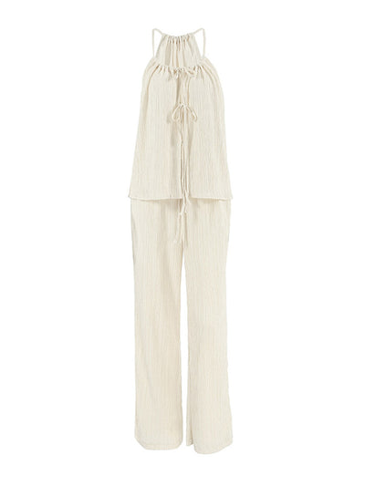 Solid Color Halter-Neck Cropped Pleated Split-Joint Tank Top + High Waisted Elasticity  Tied Waist Pants Trousers Two Pieces Set