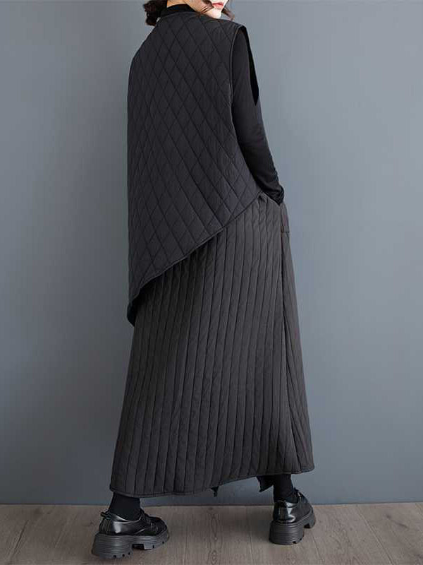 Loose Sleeveless Asymmetric Buttoned Quilted Solid Color Round-Neck Padded Vest