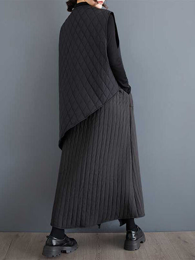 Loose Sleeveless Asymmetric Buttoned Quilted Solid Color Round-Neck Padded Vest