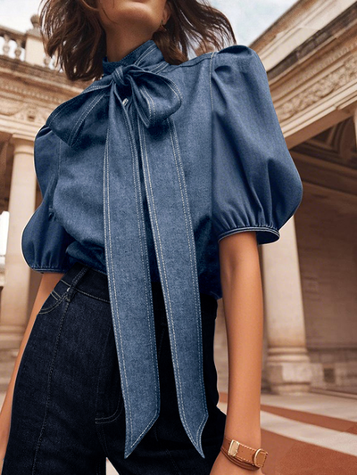 Long Sleeves Puff Sleeves Bow-Embellished Buttoned Split-Joint Tied High Neck Blouses&Shirts Tops
