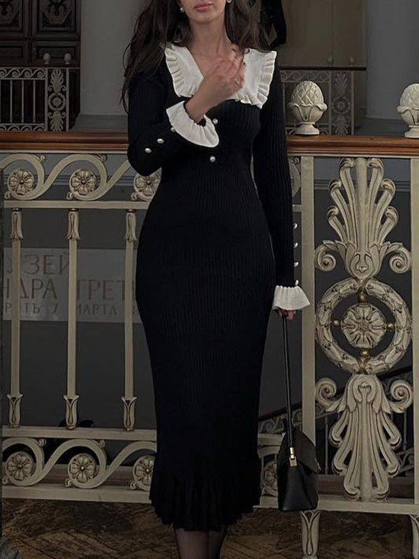 Long Sleeves Pleated Ruffled Split-Joint Peter Pan Collar Midi Dresses Sweater Dresses