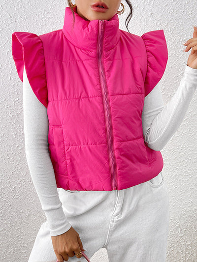 Flared Sleeves Pleated Solid Color Split-Joint High Neck Padded Vest