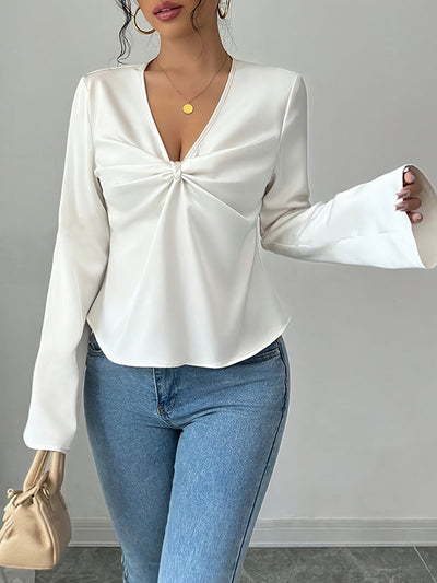 Long Sleeves Loose Pleated Solid Color Split-Joint V-Neck Blouses&Shirts Tops