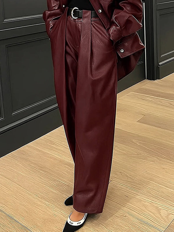High Waisted Wide Leg No Belt Pleated Pockets Solid Color Pants Trousers