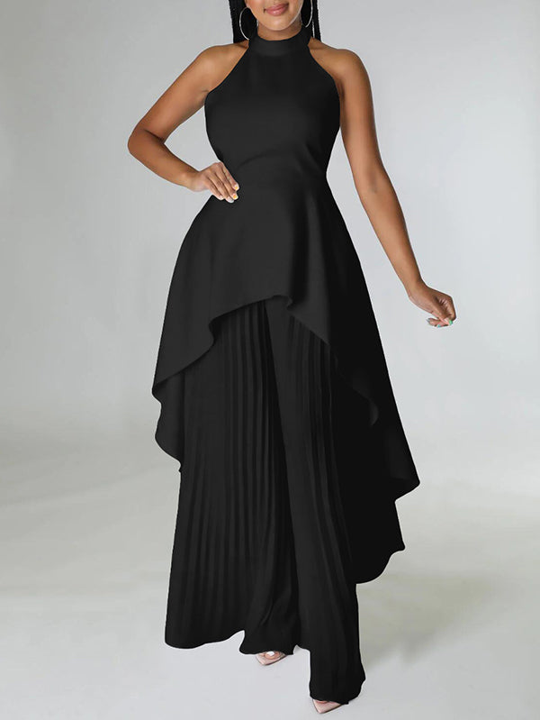 Loose Backless Lacy Solid Color Halter-Neck Vest Top + High-Low Pants Bottom Two Pieces Set