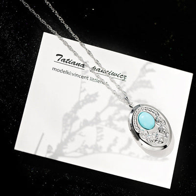 Retro Oval 18K Gold Plated White Gold Plated Turquoise Agate Alloy  Locket Necklace