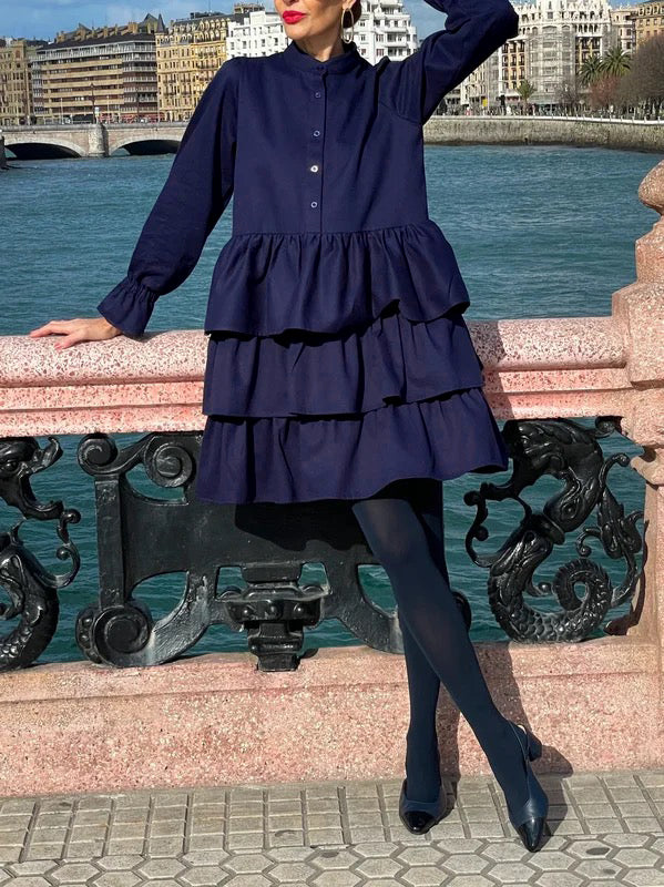 Flared Sleeves Long Sleeves Buttoned Elasticity Layered Solid Color V-Neck Mini Dresses