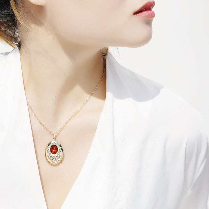 Retro Oval 18K Gold Plated White Gold Plated Turquoise Agate Alloy  Locket Necklace