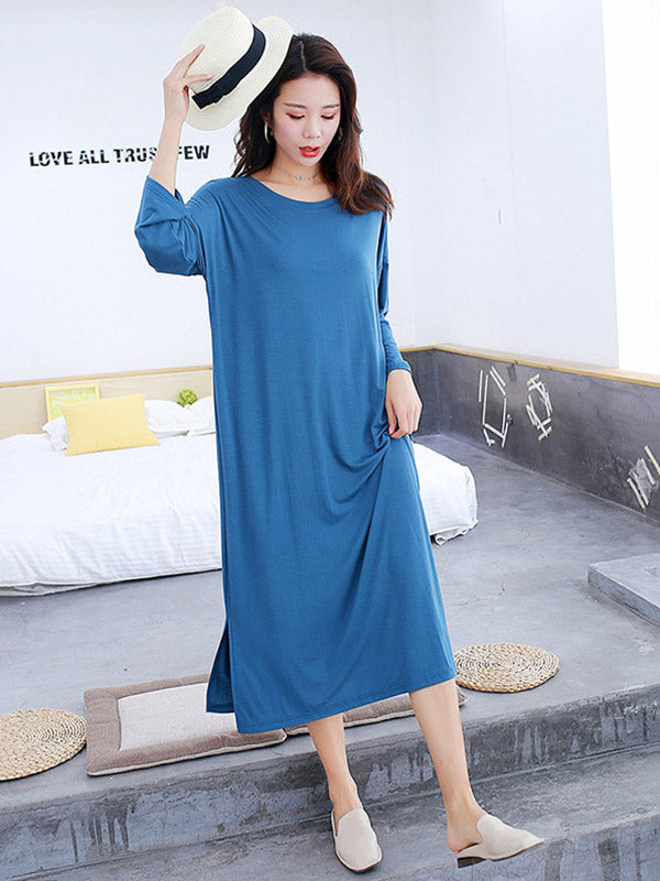 Modal Long Sleeve Split-Side Loose Pajamas Dress