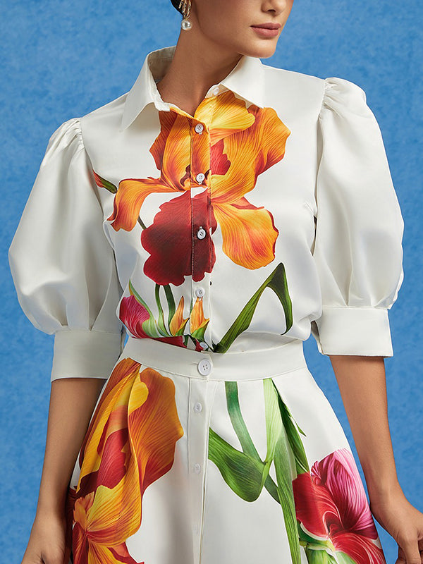 Loose Puff Sleeves Floral Printed Pleated Split-Joint Lapel Blouses&Shirts Tops