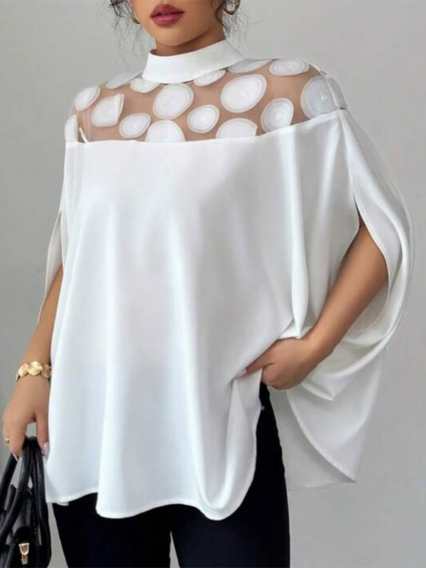 Batwing Sleeves Half Sleeves Polka-Dot See-Through Solid Color Split-Joint Stand Collar Blouses&shirts Tops