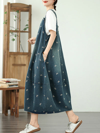 Women Summer Bowknot Embroidery Denim Overall Dress