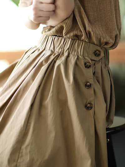 Plus Size Women Summer Solid Pleat Button Pocket Wide-leg Pants