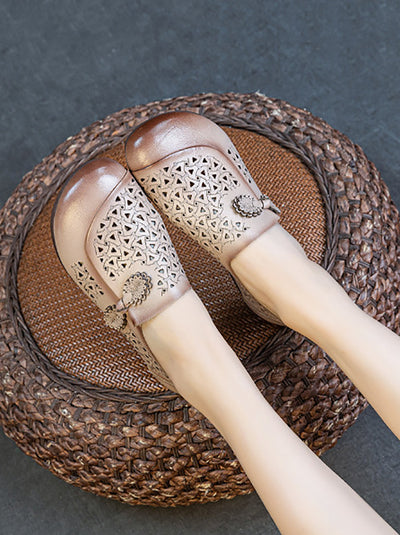 Women Summer Genuine Leather Hollow Out Low Heel Shoes