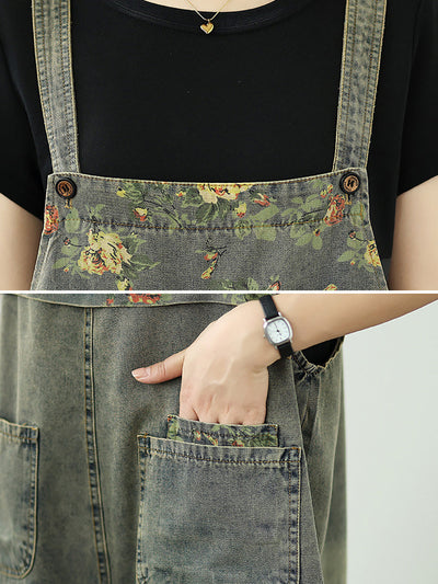 Women Summer Flower Spliced Denim Fifth Jumpsuits