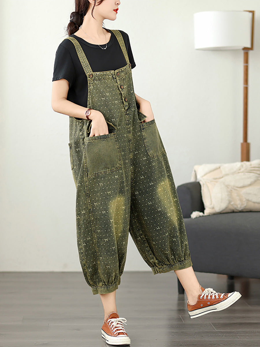 Women Summer Retro Print Denim Cropped Jumpsuits