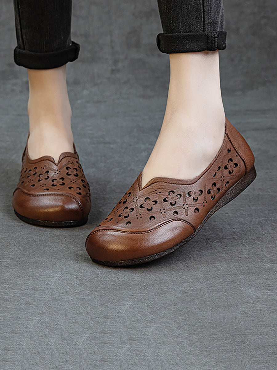 Women Soft Genuine Leather Hollow Out Low Heel Shoes