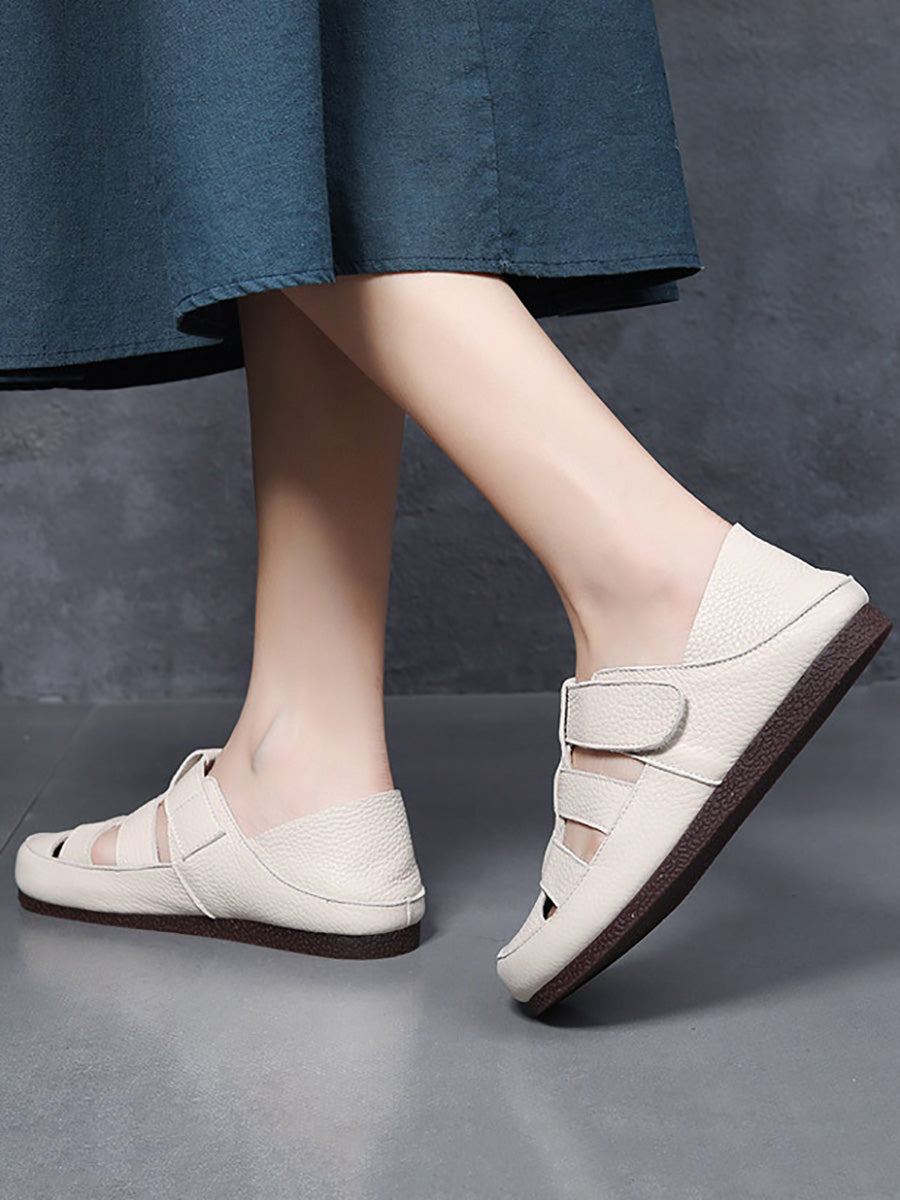 Women Summer Pure Color Genuine Leather Spliced Sandals